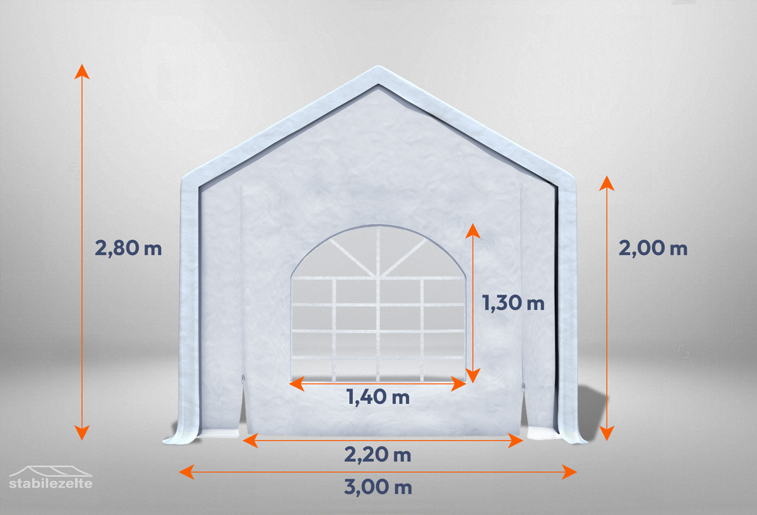 Weißes Giebelteil mit Fenster und Tür 3m für Partyzelte der Modular Serie mitsamt Bemaßung