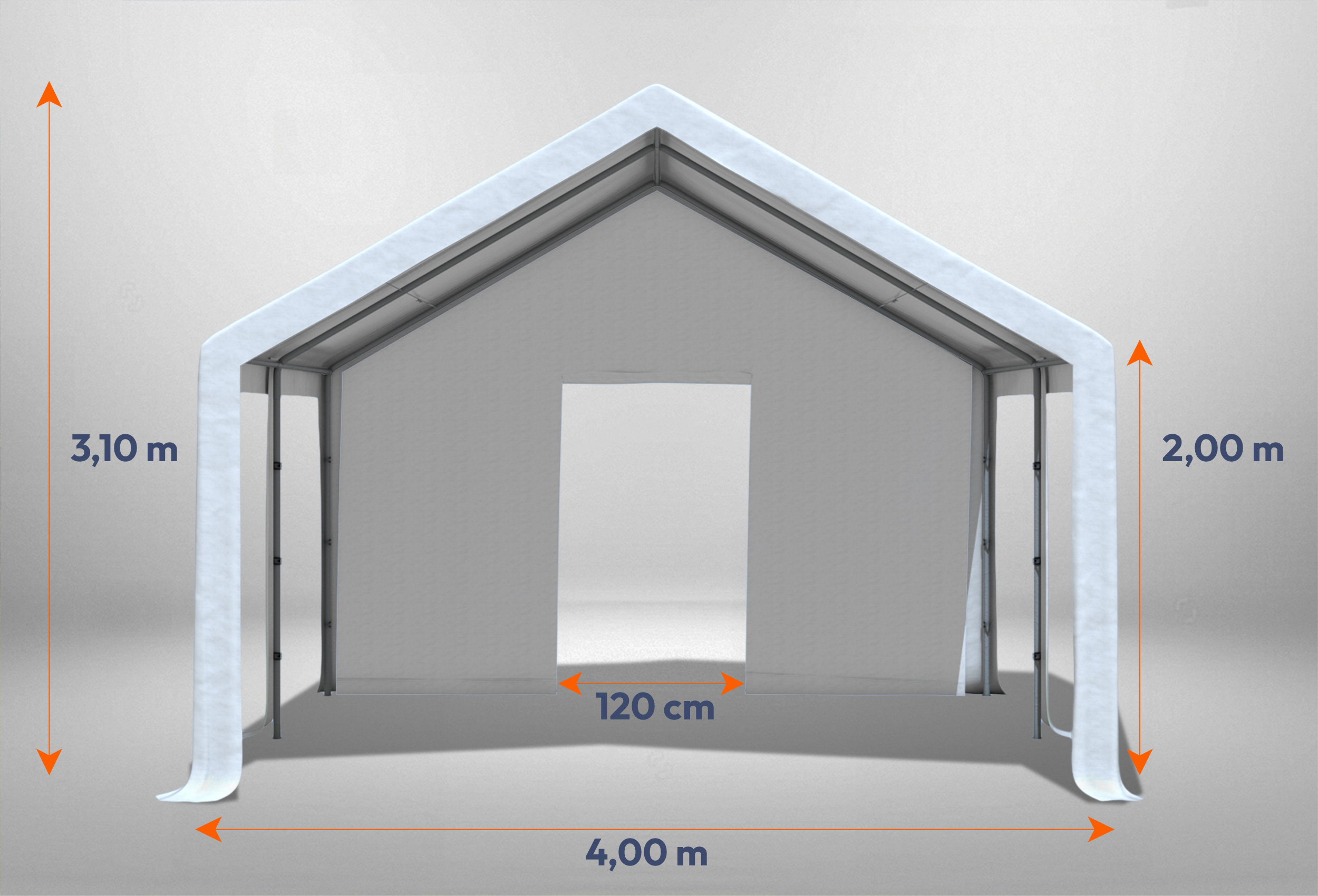 Weißes Giebelteil mit kleiner Tür 4m für Partyzelte der Modular Serie mitsamt Bemaßung