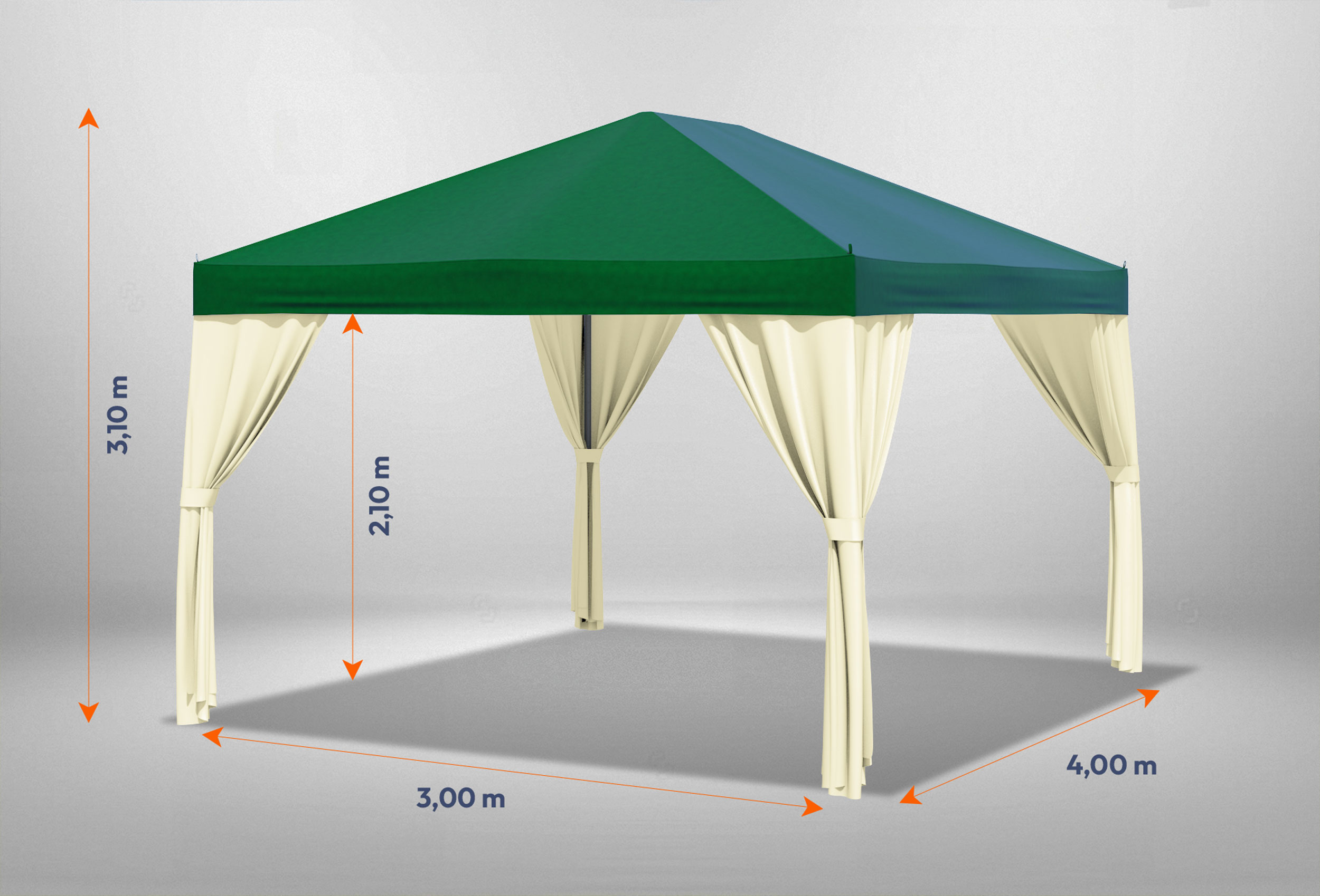 Grüner Gartenpavillon Sahara 3m x 4m mit Bemaßung