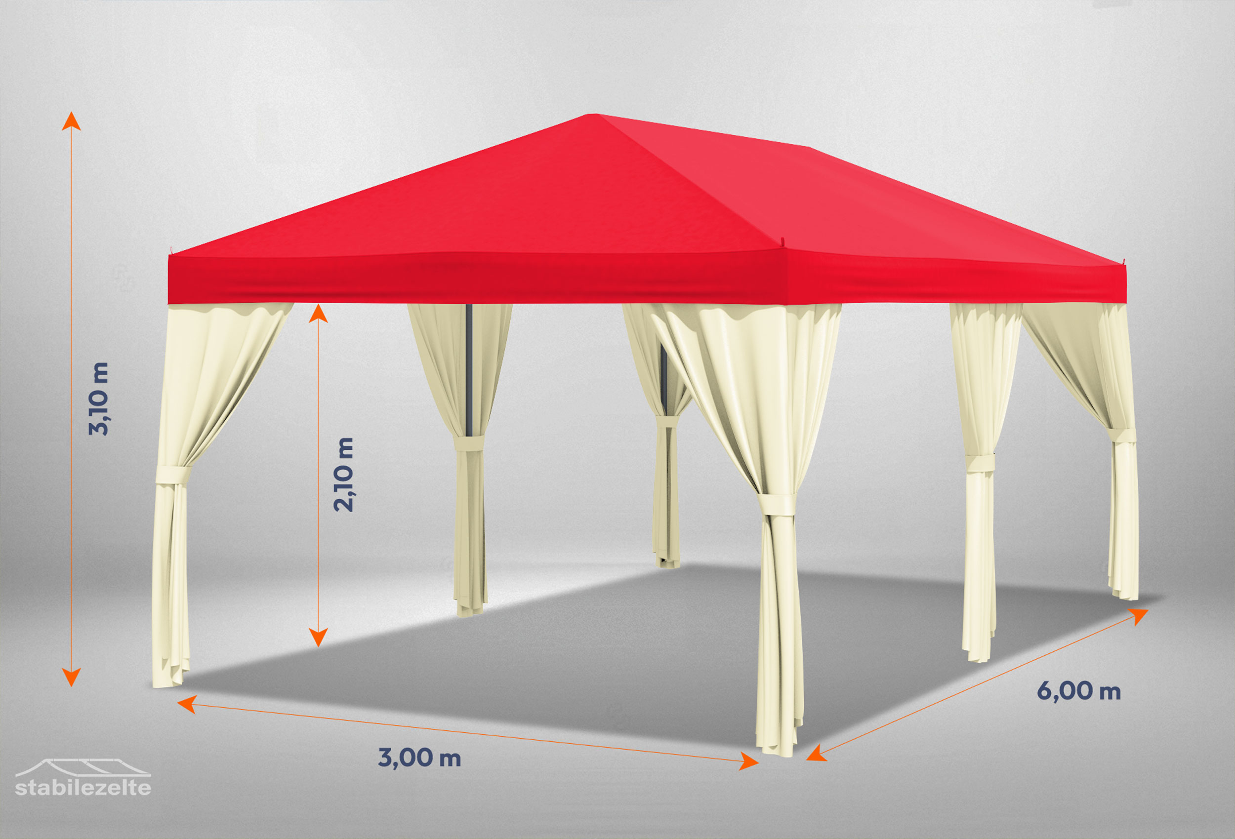 Roter Gartenpavillon Sahara 3m x 6m mit Bemaßung