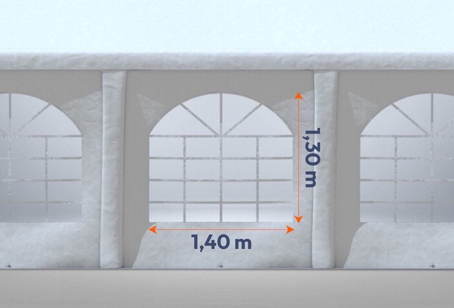 Weißes Partyzelt der Modular Serie mit Bemaßung des Fensters