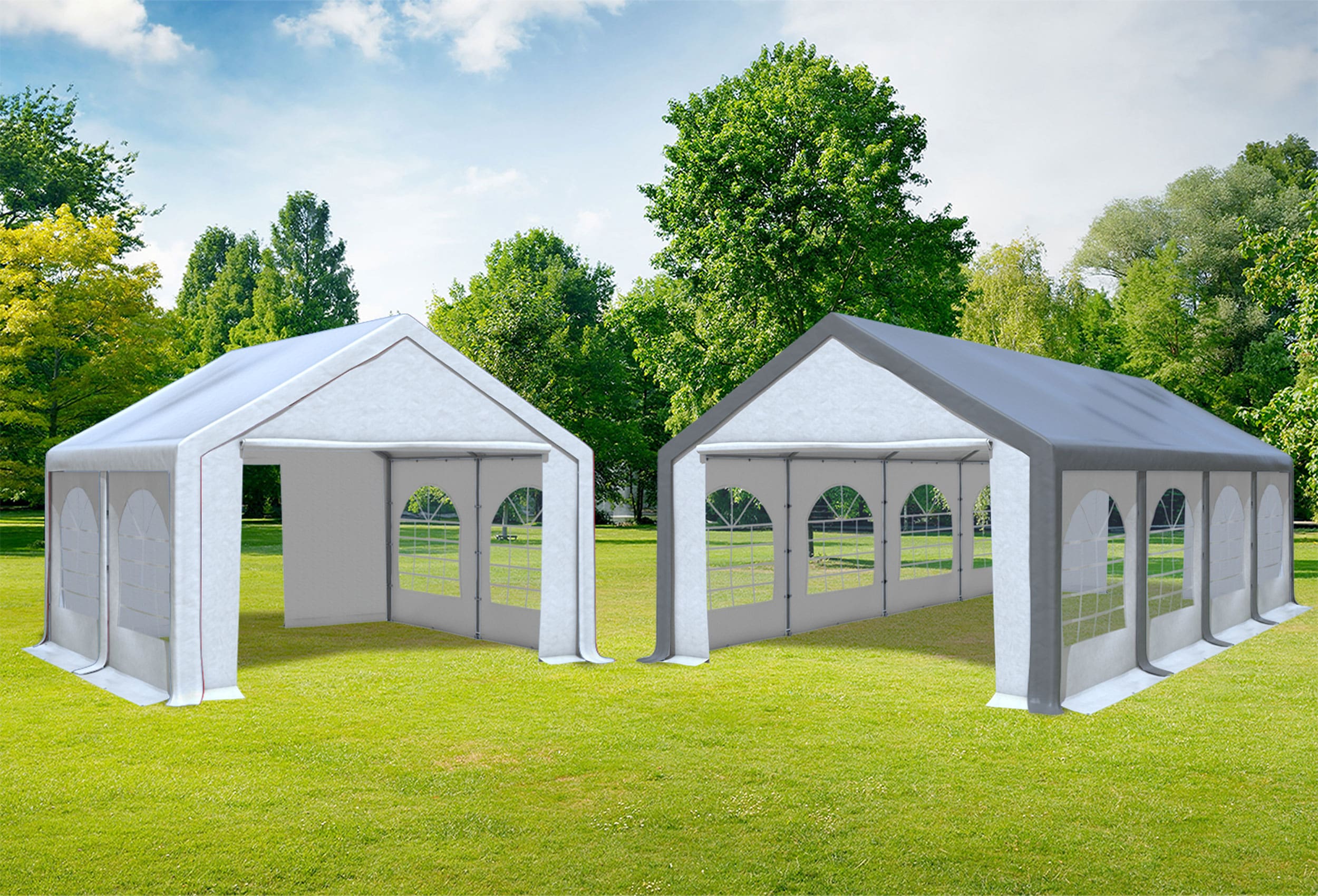 4x8 m 2in1 Kombizelt mit extra 4x4 m Dach, PVC grau weiß