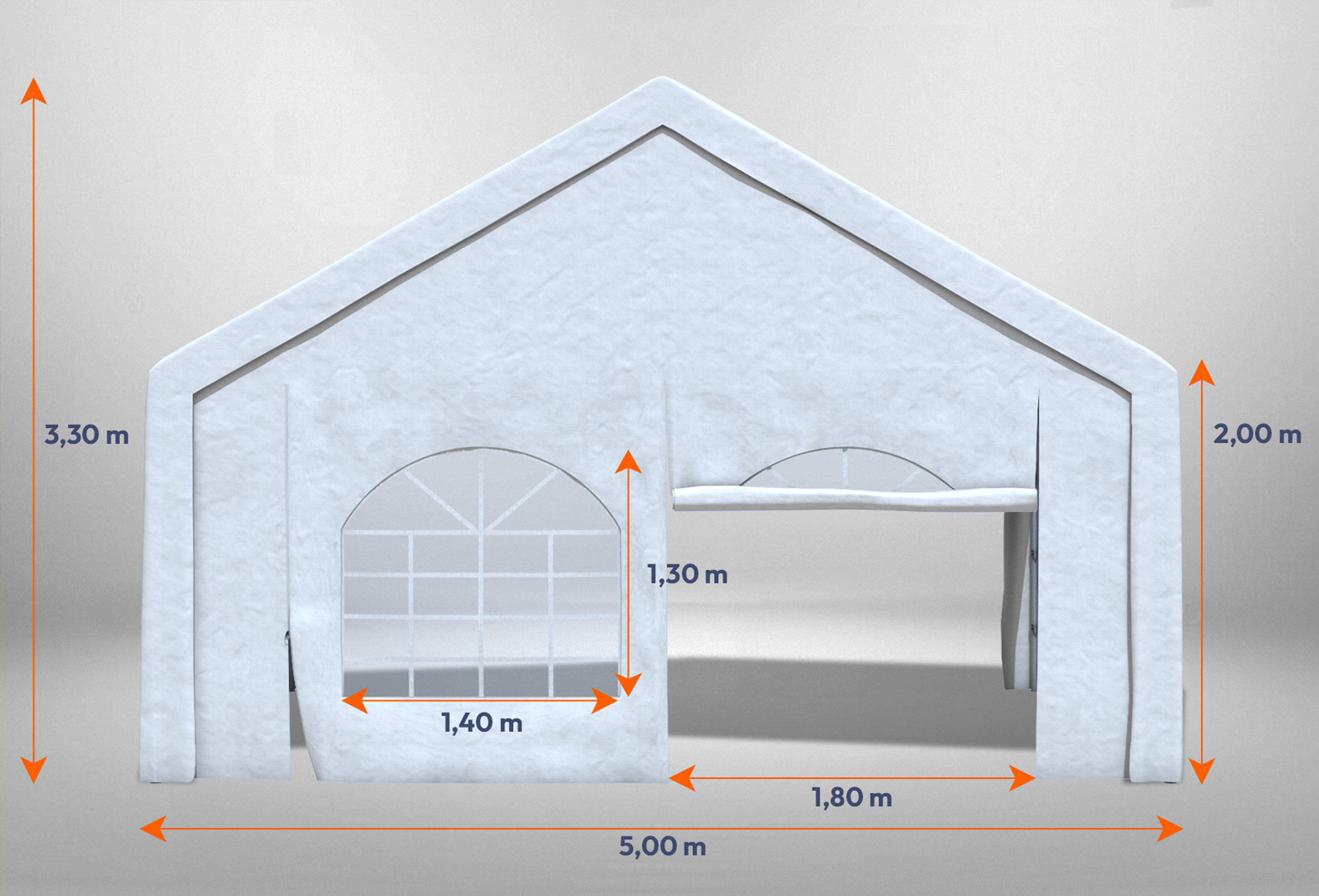 Giebelteil mit Fenster und Tür 5m für Partyzelte der Modular Serie mitsamt Bemaßung