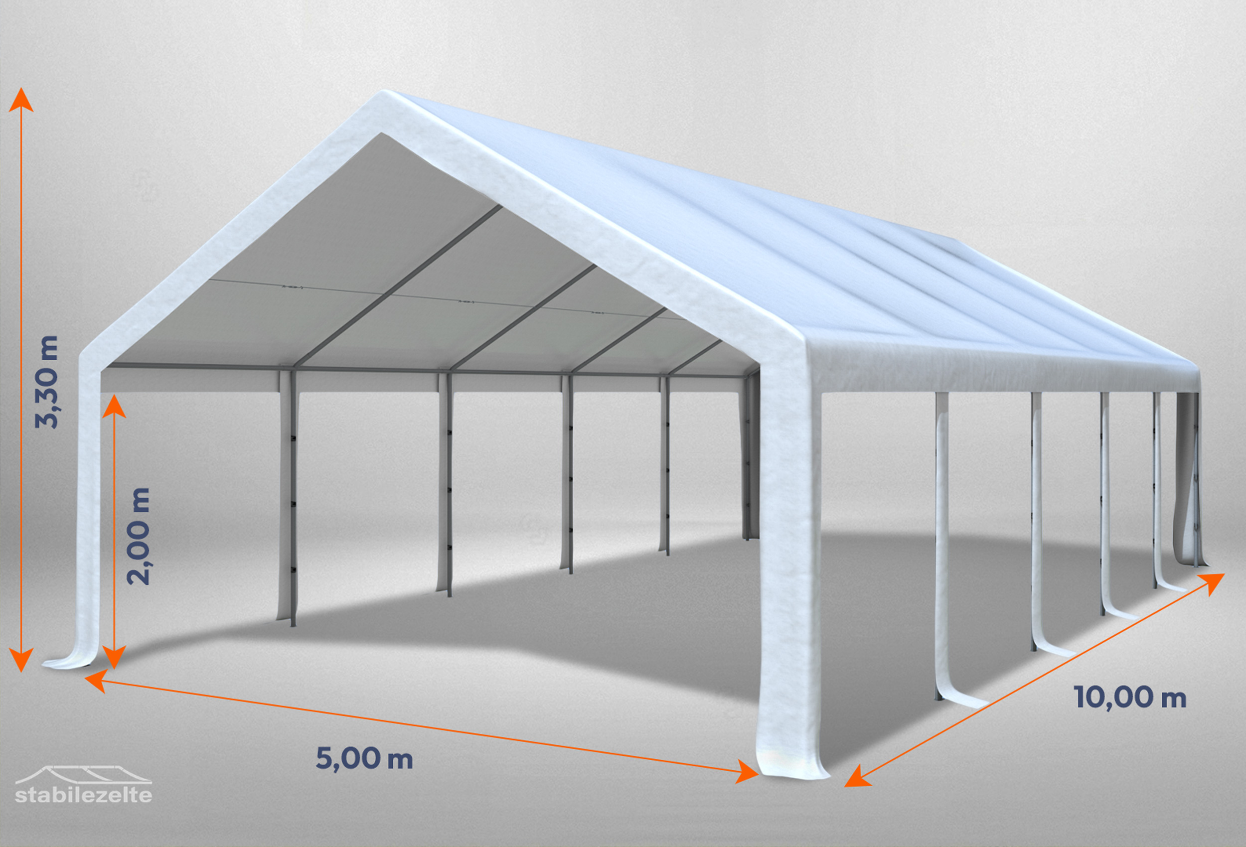 Weißes Partyzelt ohne Seitenteile der Modular Serie mitsamt Bemaßung 5 x 10m