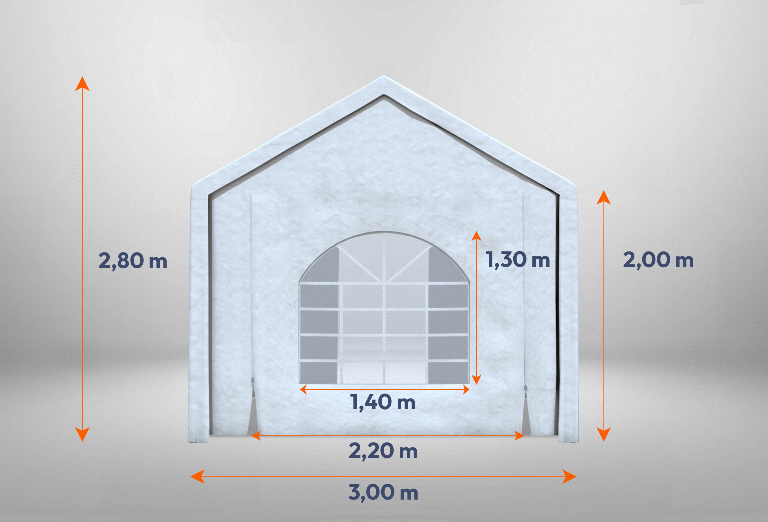 Giebelteil mit Fenster und Tür 3m für Partyzelte der Modular Serie mitsamt Bemaßung