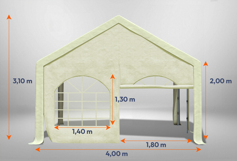 Beiges Giebelteil mit Fenster und Tür 4m für Partyzelte der Modular Serie mitsamt Bemaßung